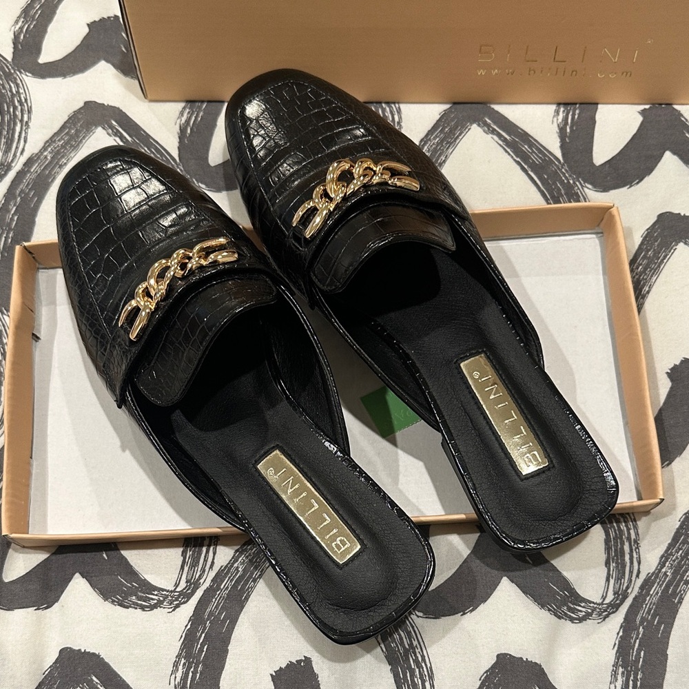 Billini Black Croc-Embossed Mules with Gold Chain
